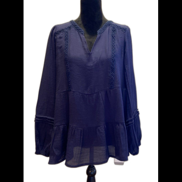 Zac & Rachel Blouse Size ? Large Navy Boho Lace Trim Peasant Top Hippie 70’s - Picture 1 of 11